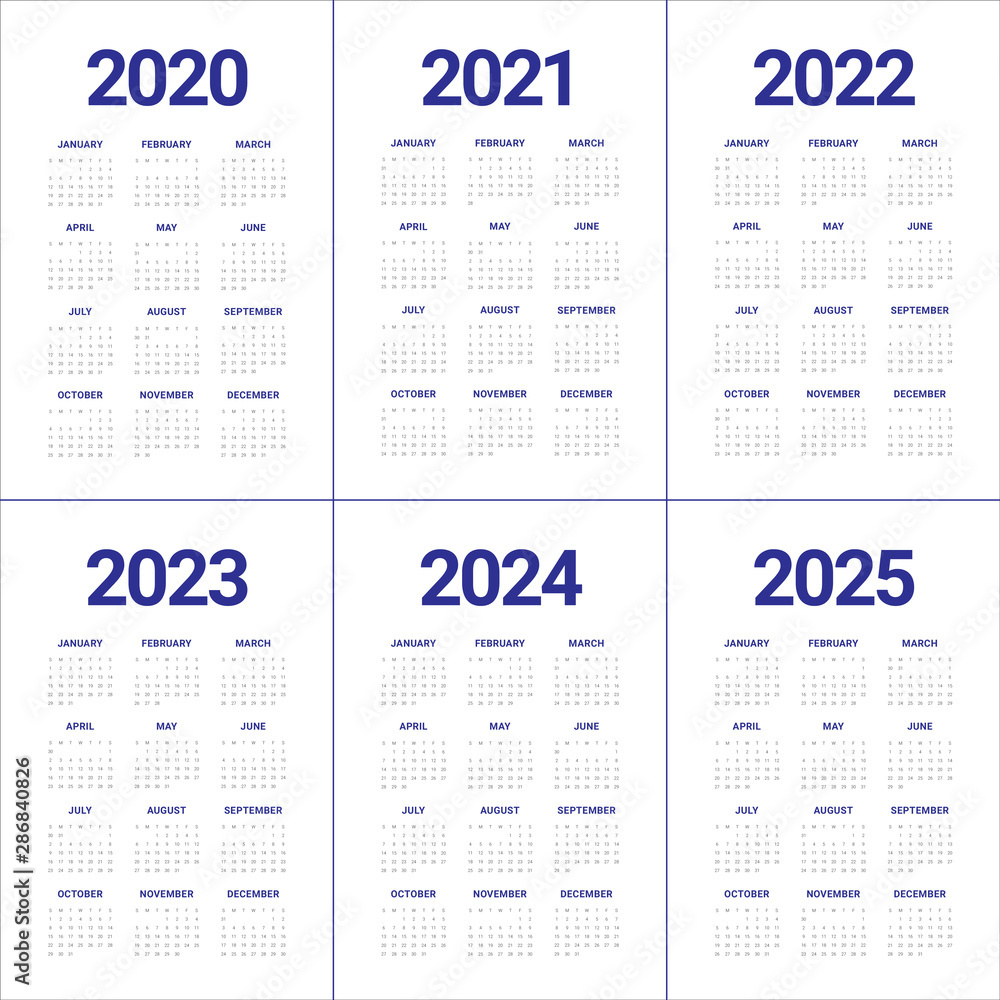 Year 2020 2021 2022 2023 2024 2025 Calendar Vector Design Template for Free Printable 5 Year Calendar 2020 To 2025