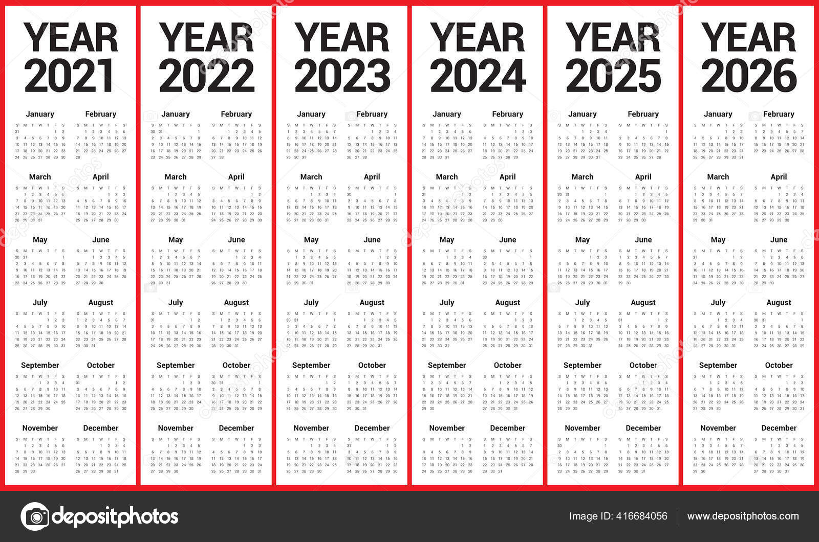 Year 2021 2022 2023 2024 2025 2026 Calendar Vector Design Stock inside 5 Year Calendar 2021 To 2025 Printable