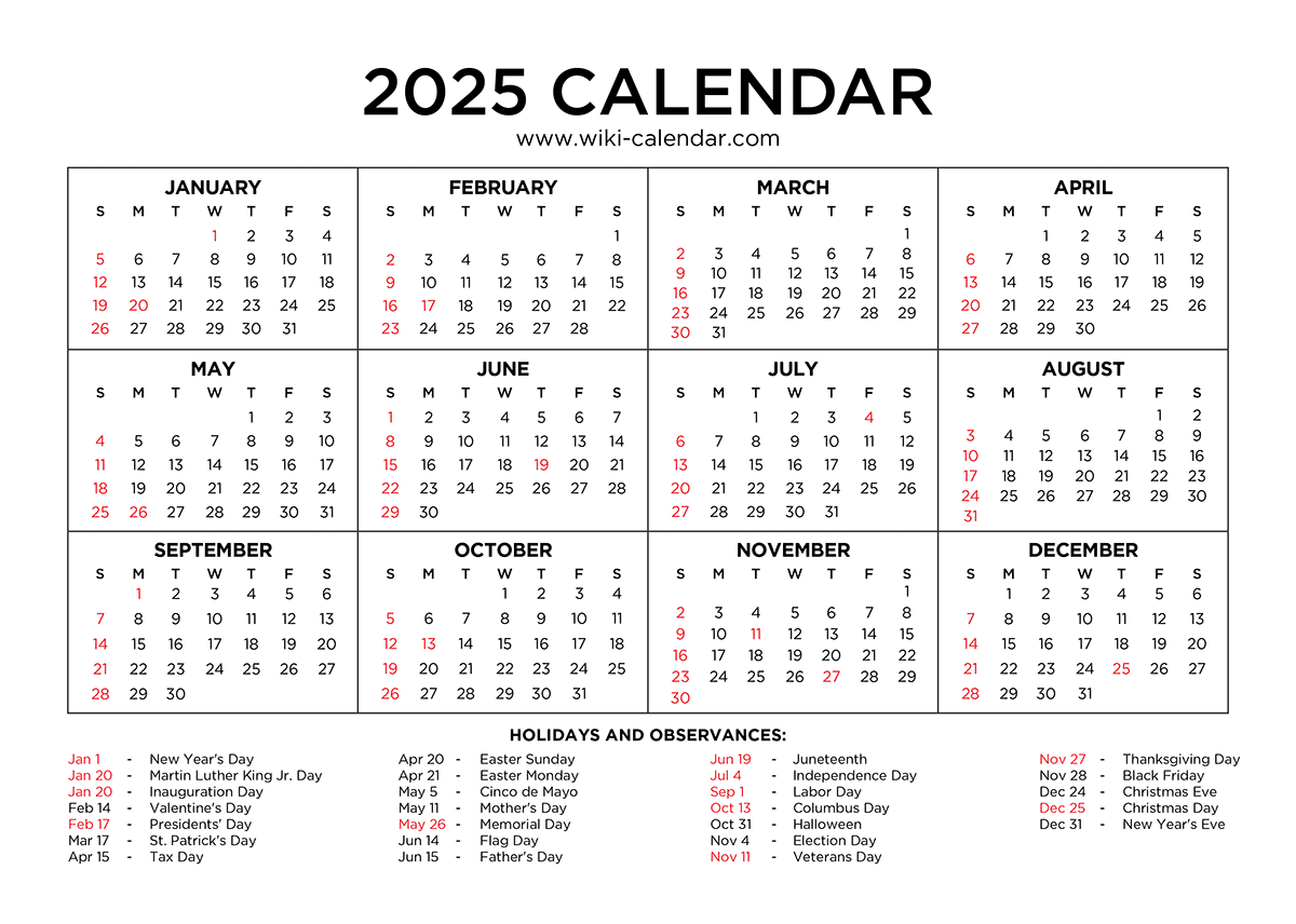 Year 2025 Calendar Printable With Holidays - Wiki Calendar throughout Wiki Calendar 2025 With Holidays Printable Free