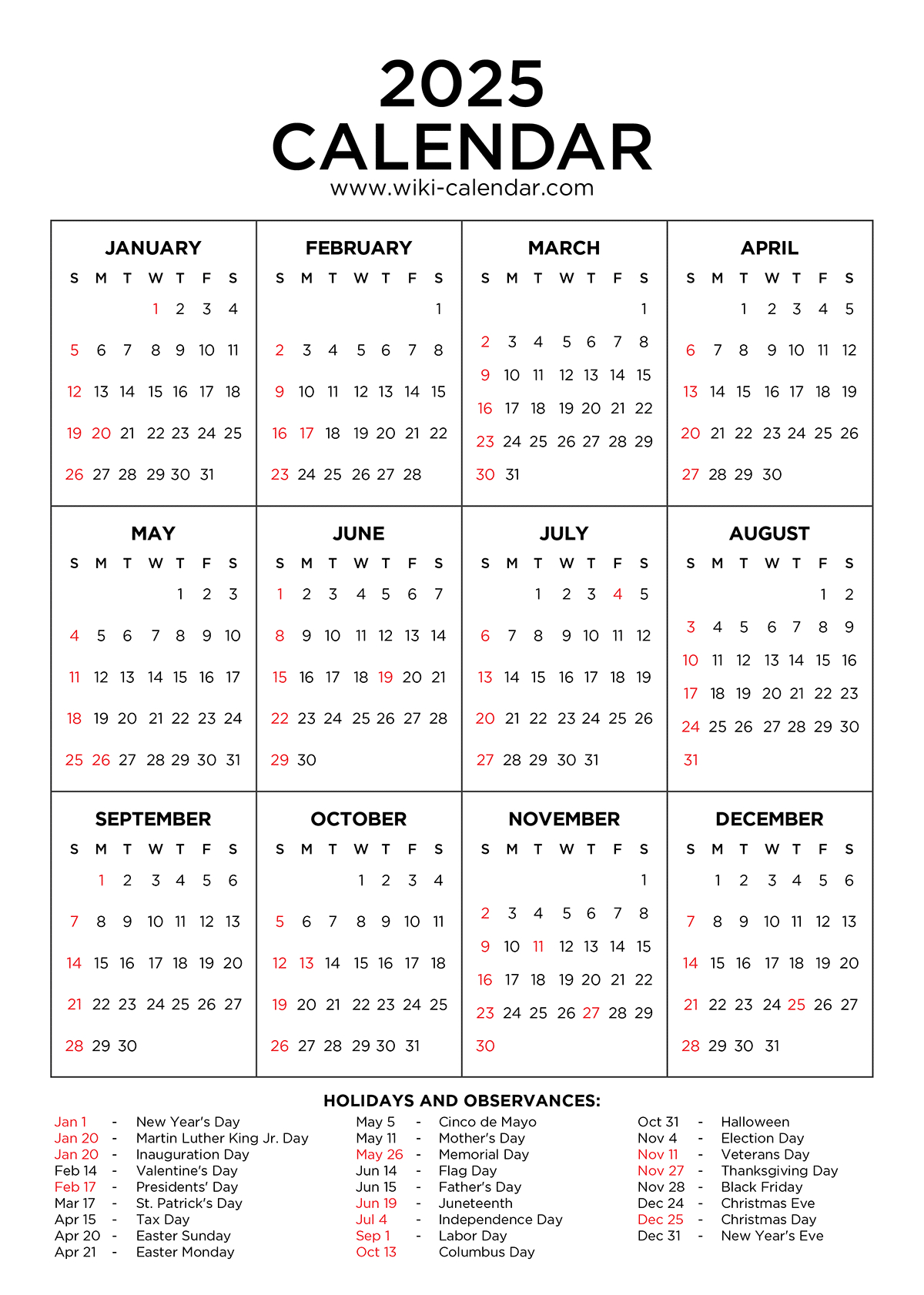 Year 2025 Calendar Printable With Holidays - Wiki Calendar with 2025 Calendar Printable Wiki