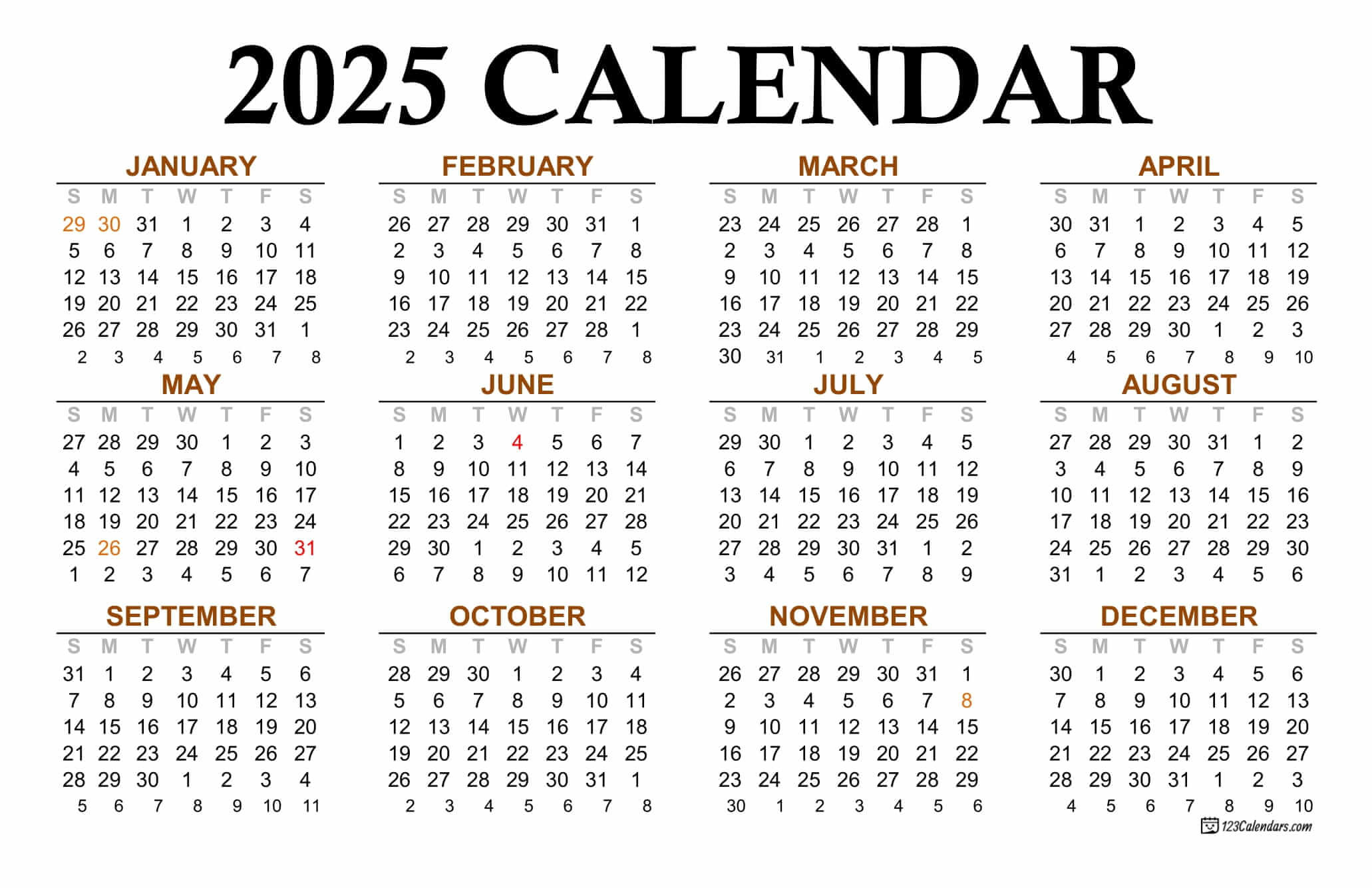 Year 2025 Calendar Templates | 123Calendars for 2025 Calendar Yearly Printable