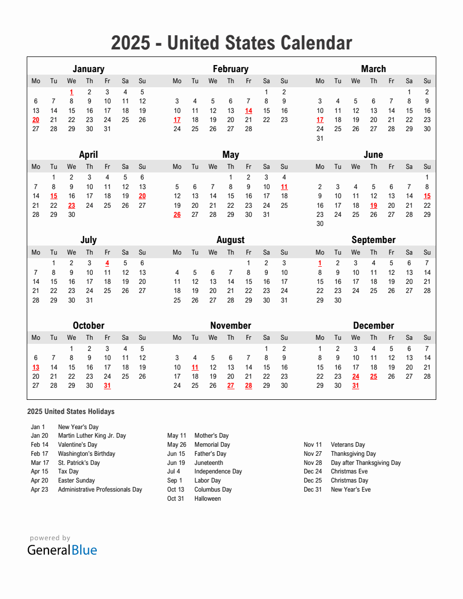 Year 2025 Simple Calendar With Holidays In United States throughout Printable Calendar For Year 2025 United States