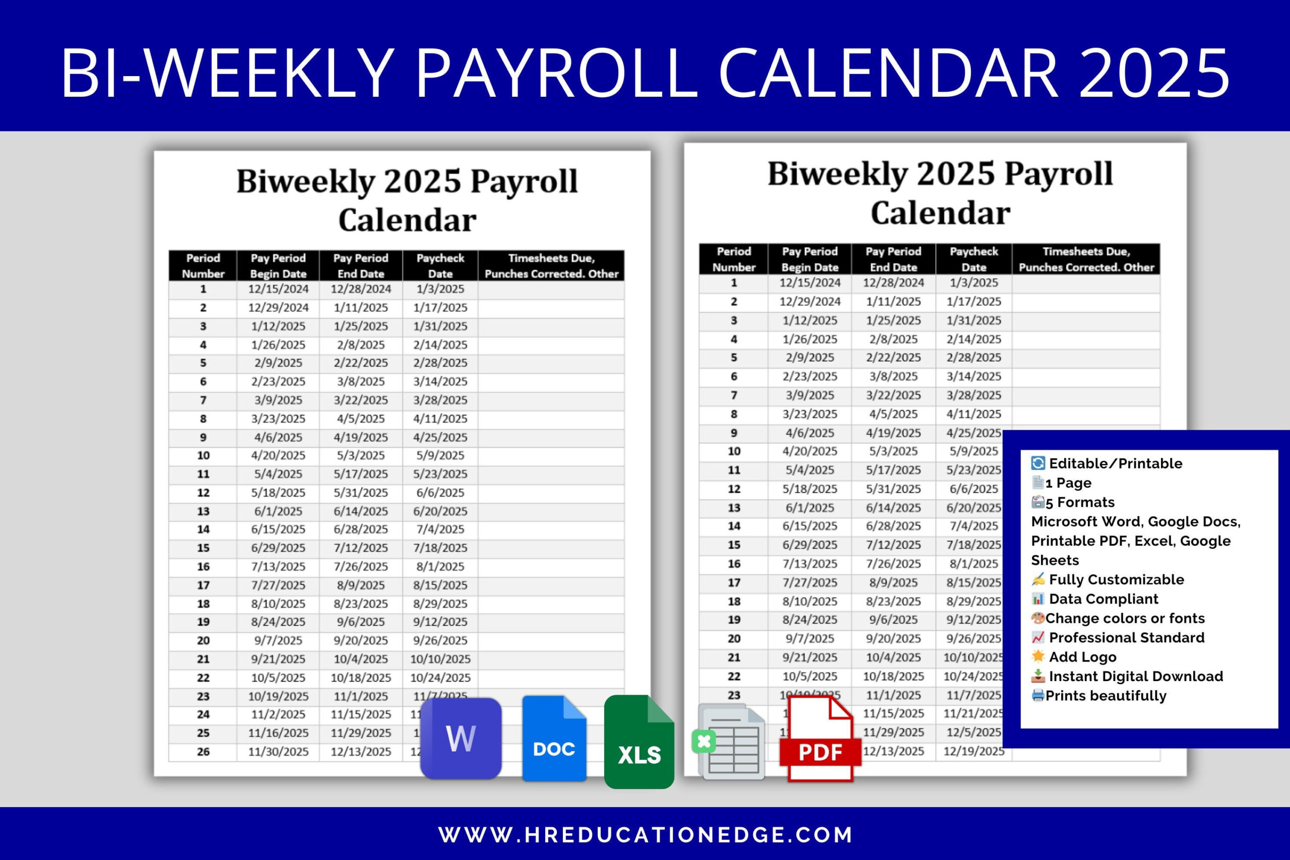 Zweiwöchentlicher Gehaltskalender 2025 Ms Bearbeitbares Word throughout 2025 Adp Calendar Printable