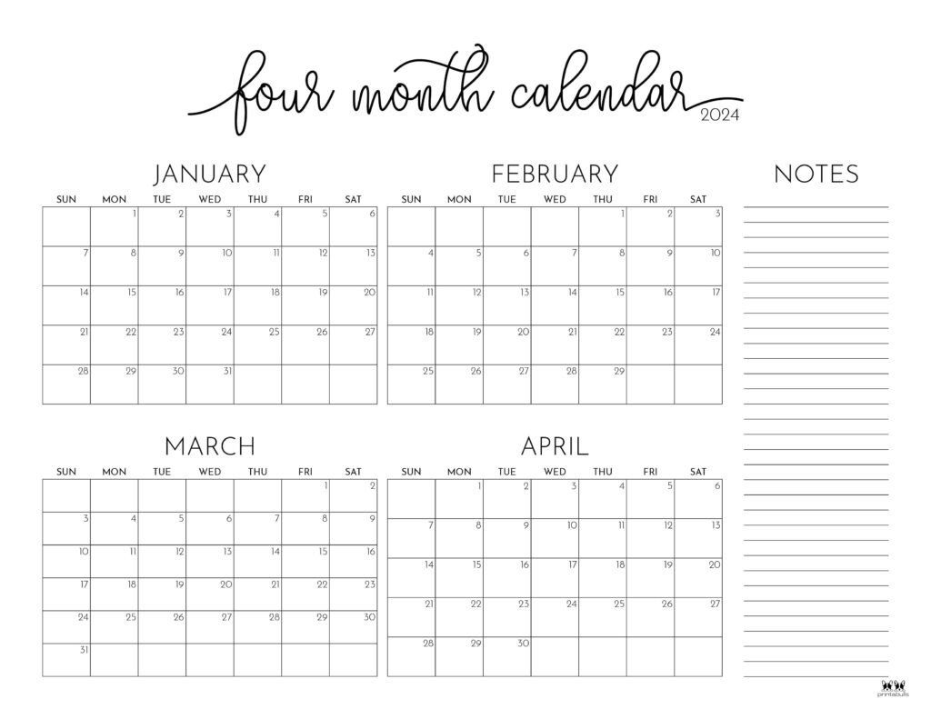 2024 Four Month Calendars - 18 Free Printables | Printabulls pertaining to April 2024 To March 2025 Calendar Printable