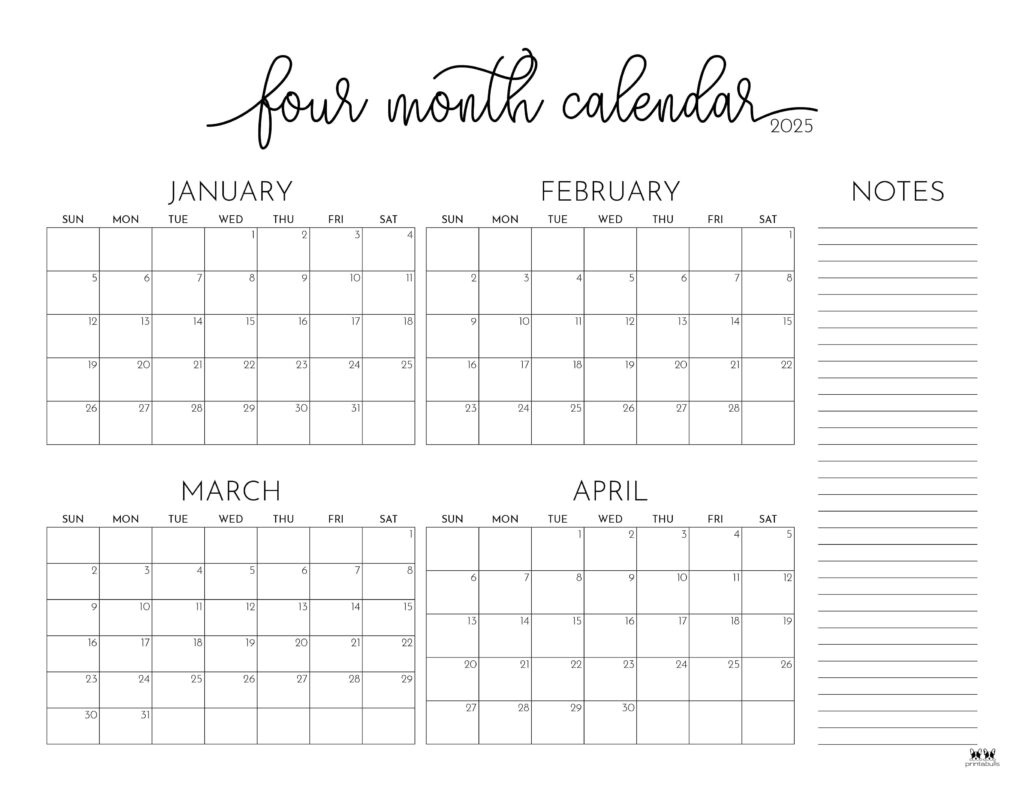 2025 Four Month Calendars - 31 Free Printables | Printabulls for Feb March April 2025 Calendar