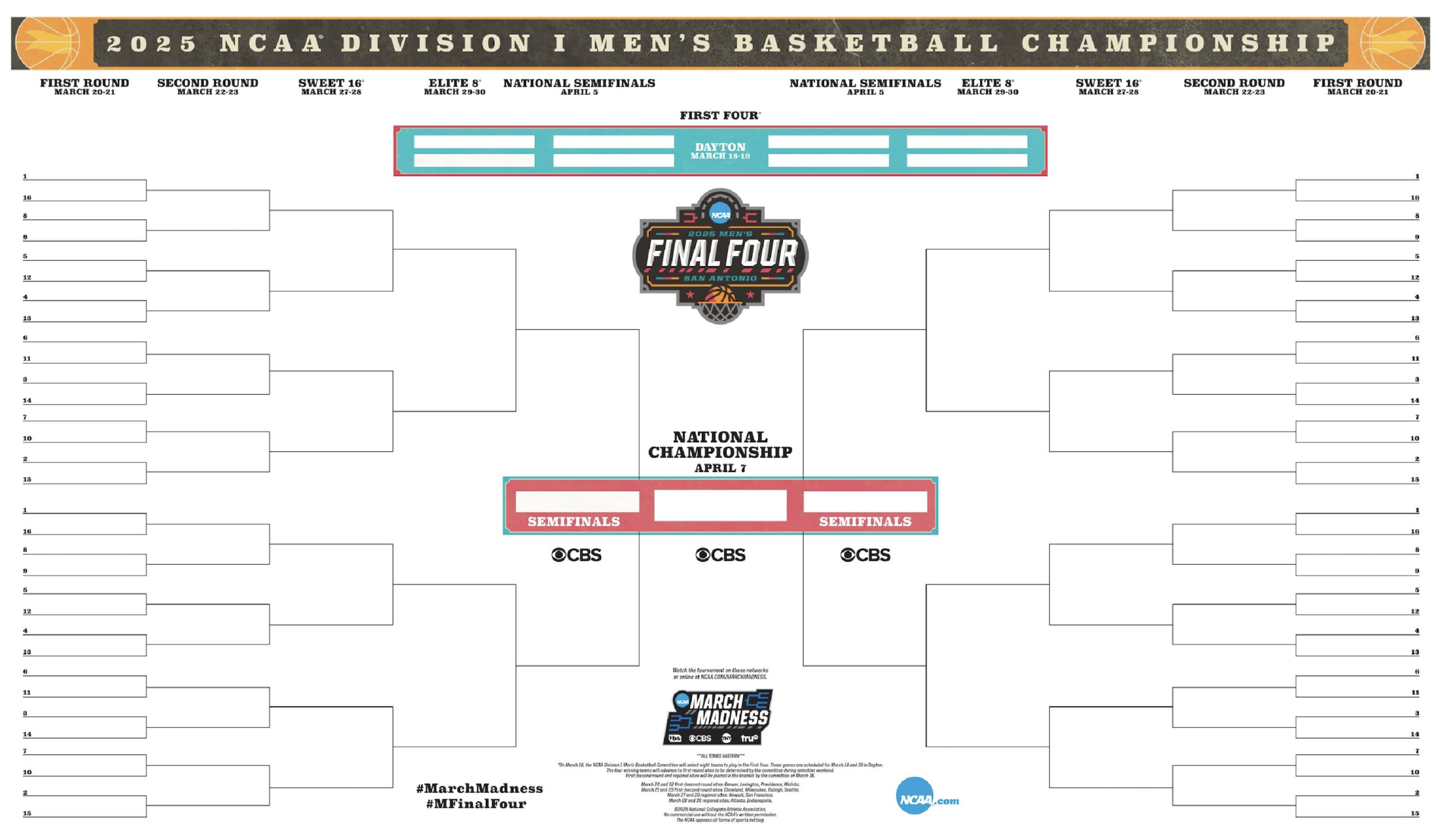 2025 Ncaa Printable Bracket, Schedule For March Madness | Ncaa for March Madness 2025 Calendar Printable