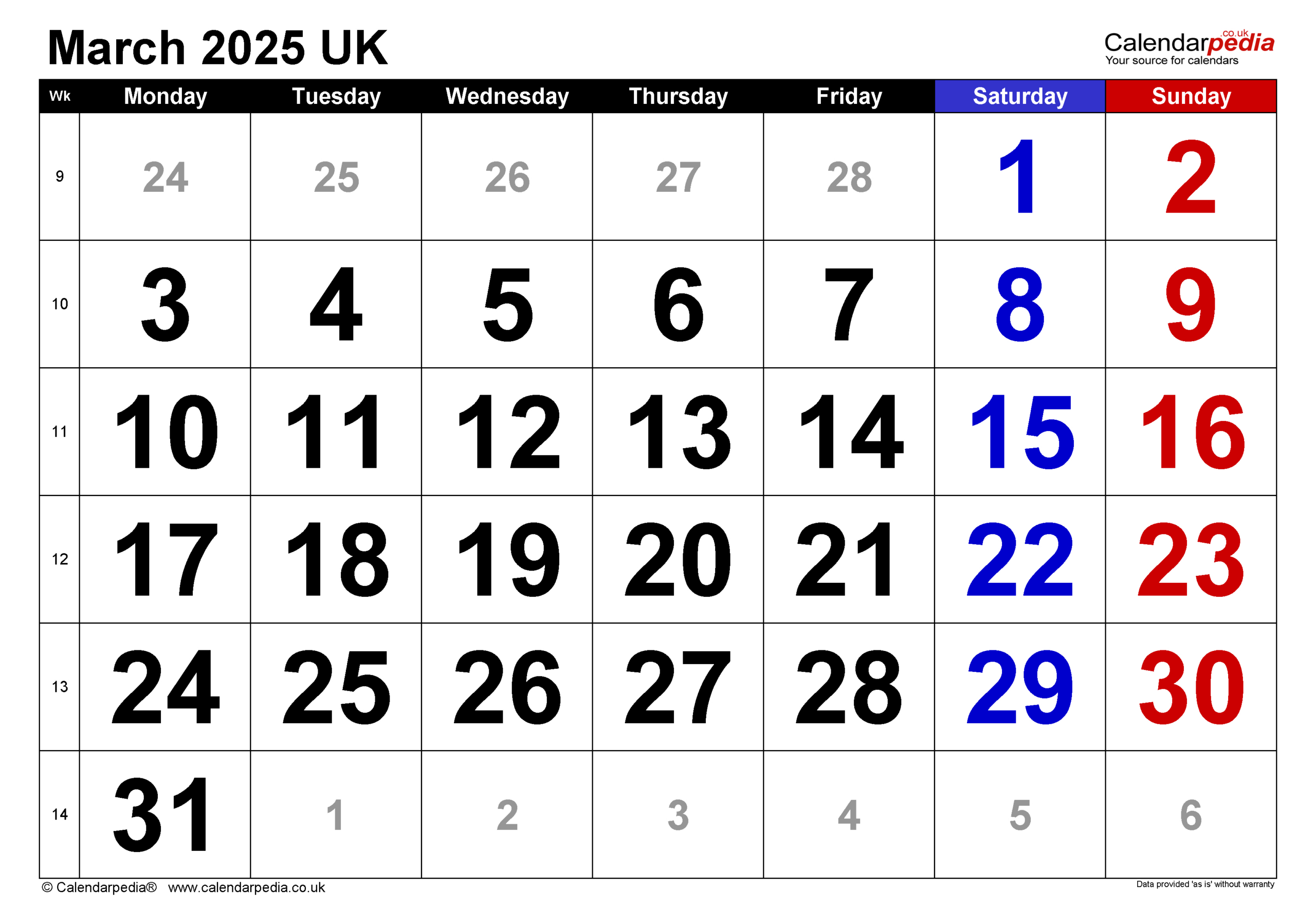 Calendar March 2025 Uk With Excel, Word And Pdf Templates inside Calendar Of 2025 March