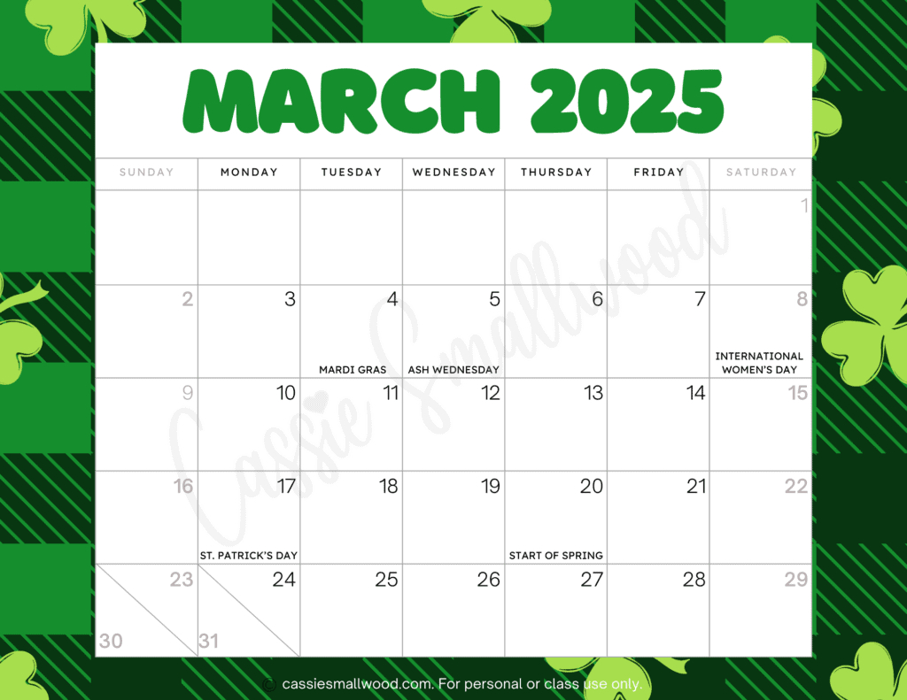 Cute 2025 Free Printable Monthly Calendars - Cassie Smallwood pertaining to March 2025 Holiday Calendar