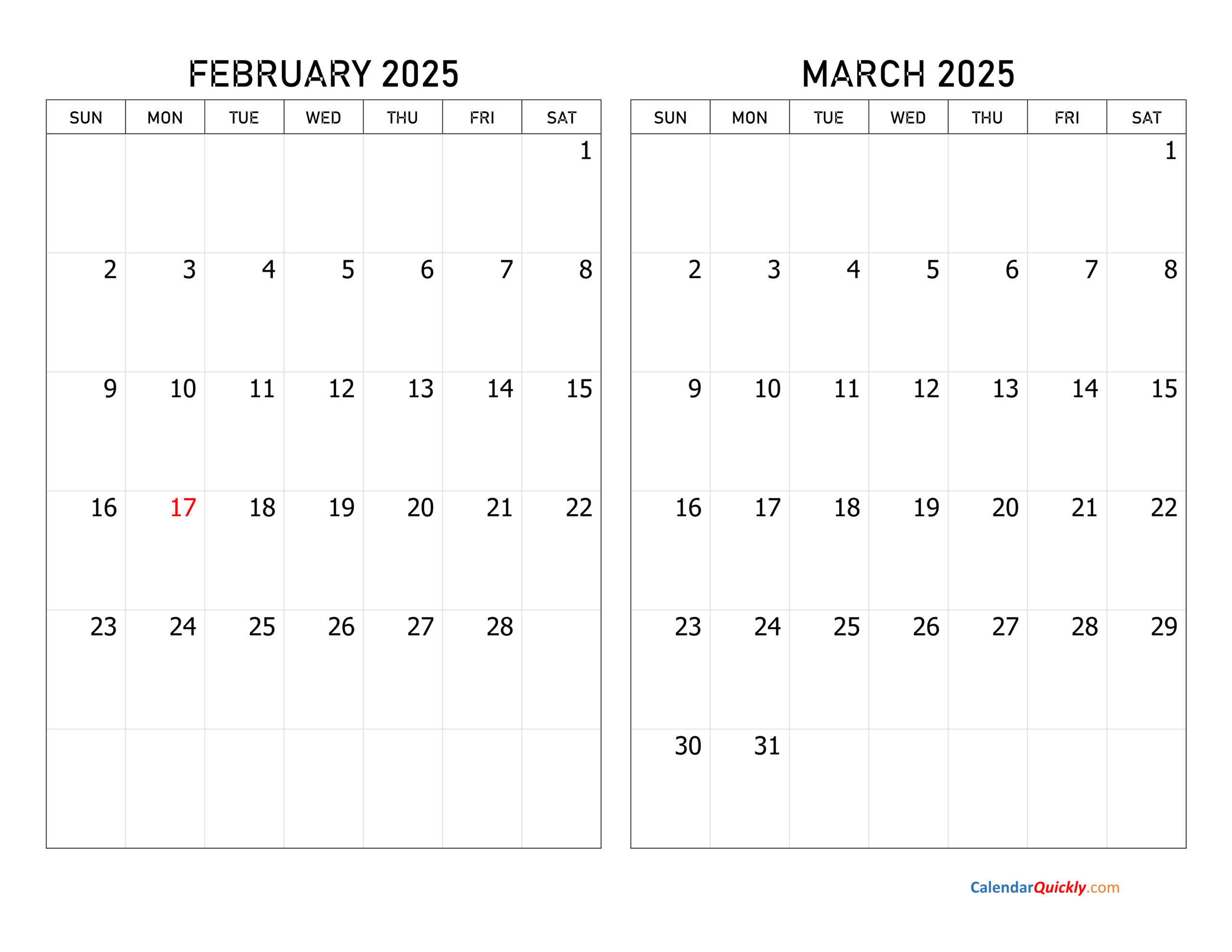 February And March 2025 Calendar | Calendar Quickly pertaining to Printable February And March 2025 Calendar