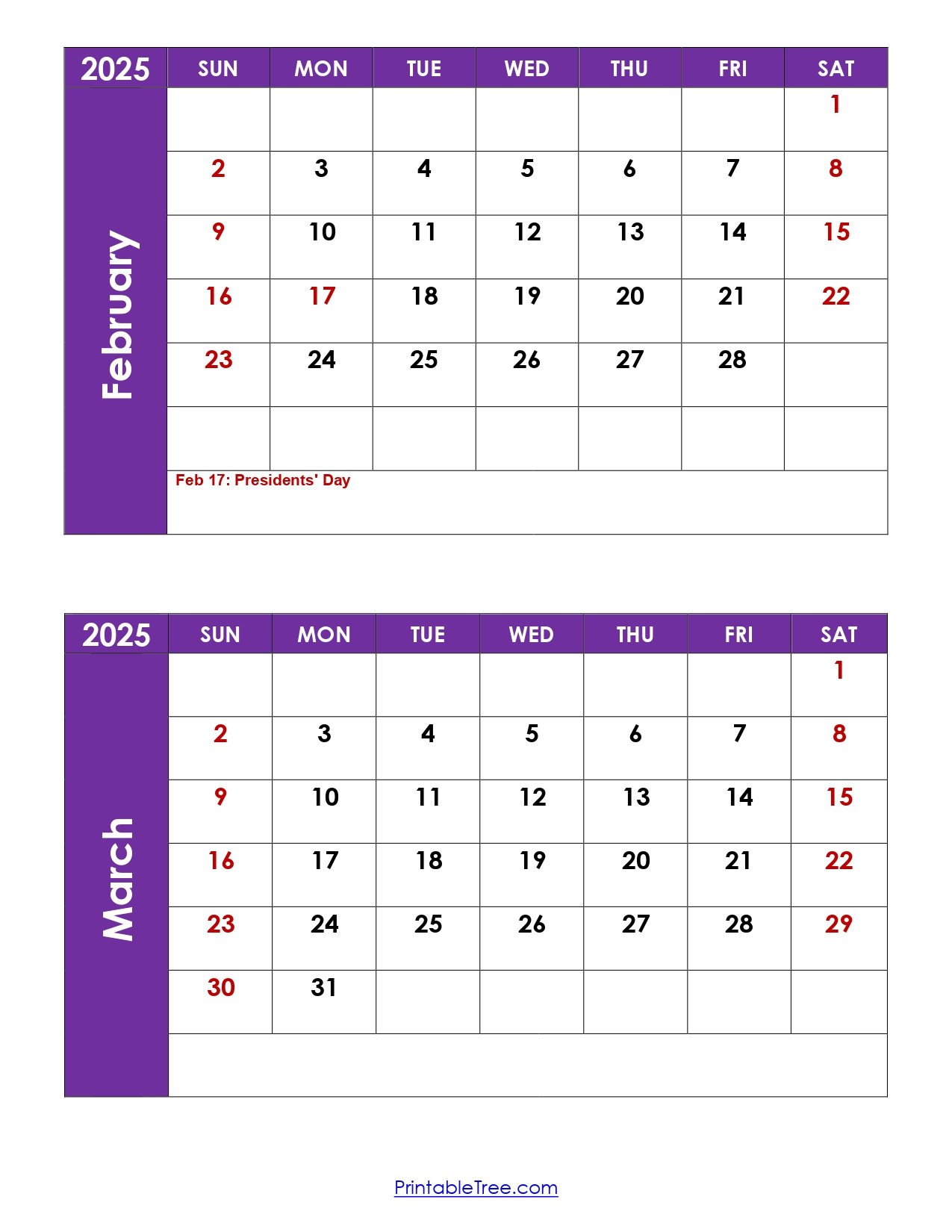 February And March 2025 Calendar Printable | Two Months Calendar for February March 2025 Calendar Printable