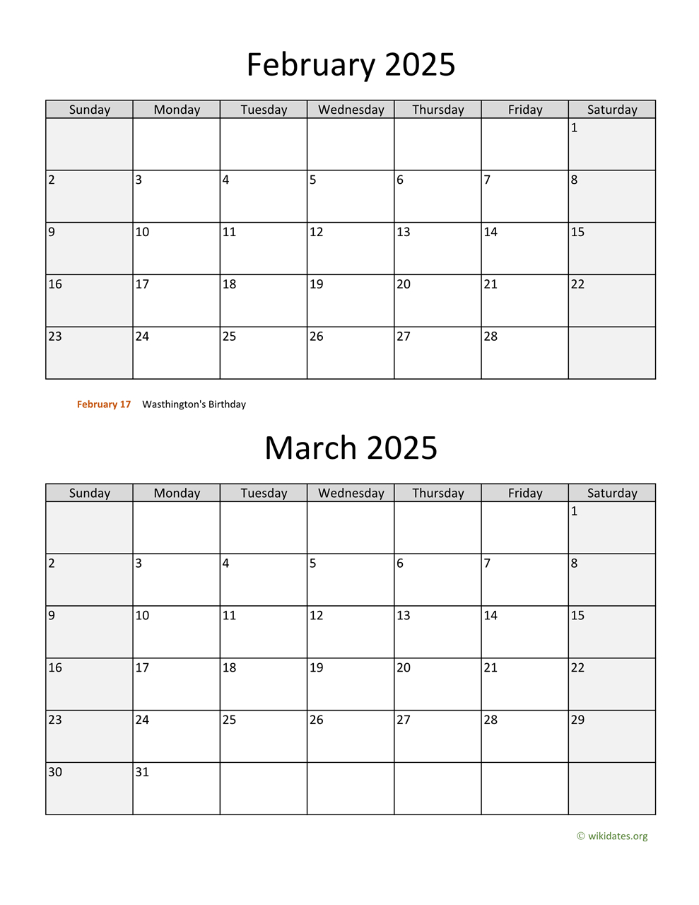 February And March 2025 Calendar | Wikidates for February March 2025 Calendar Printable