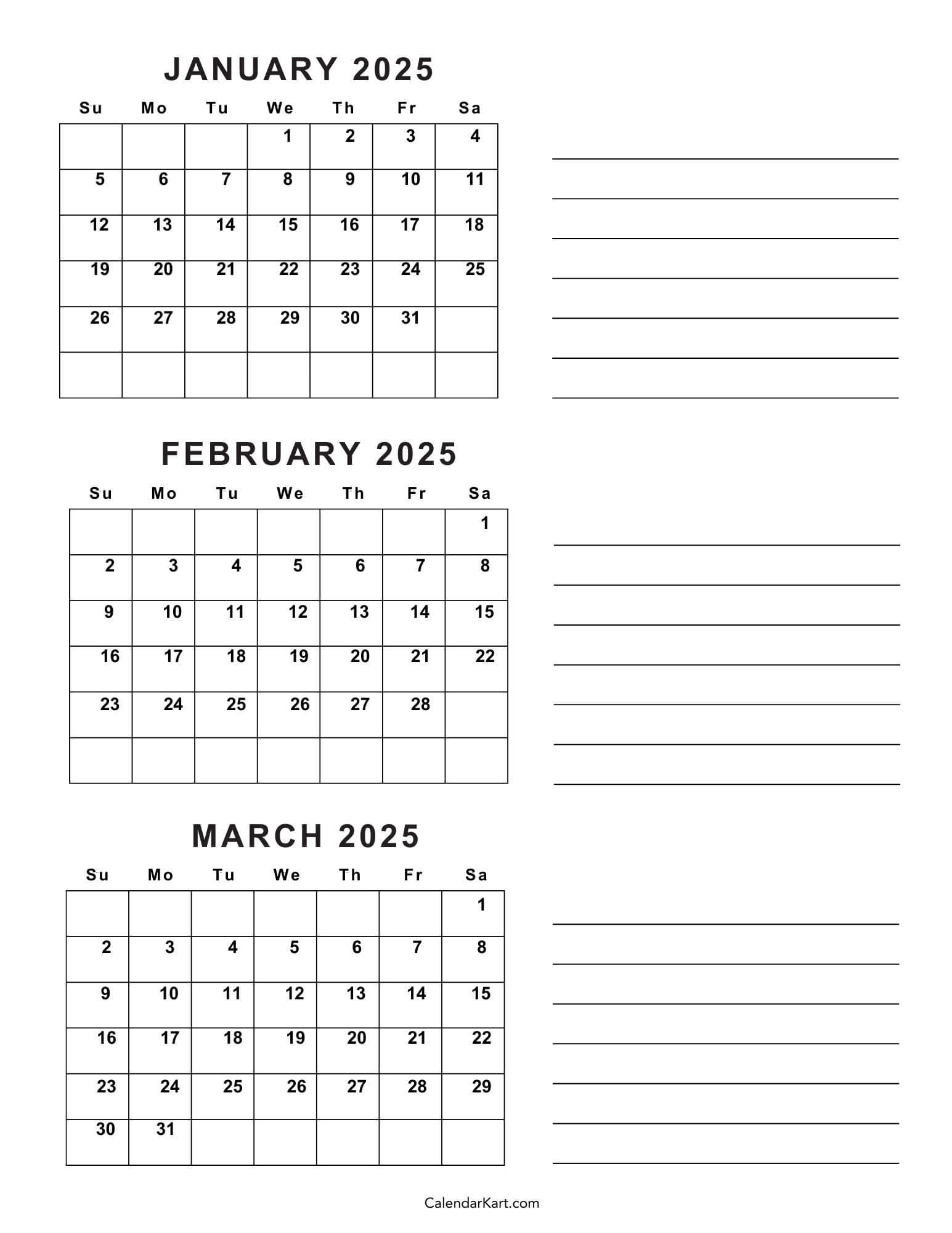 Free Printable January To March 2025 Calendar - Calendarkart for Jan Feb And March 2025 Calendar Fre Printable