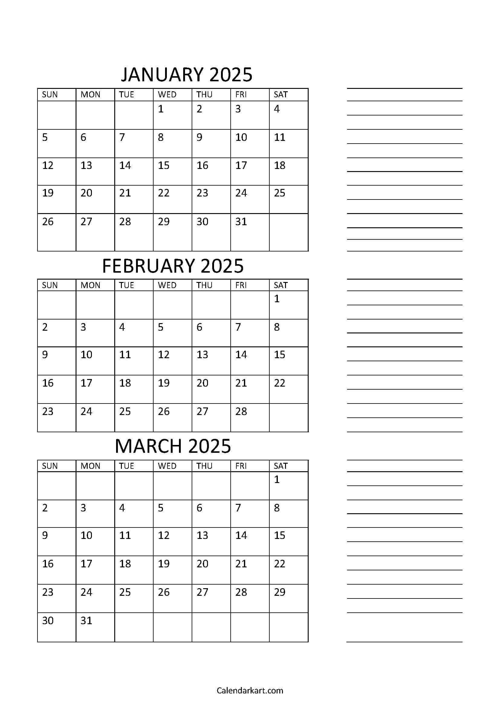 Free Printable January To March 2025 Calendar - Calendarkart pertaining to Printable Calendar Jan Feb March 2025