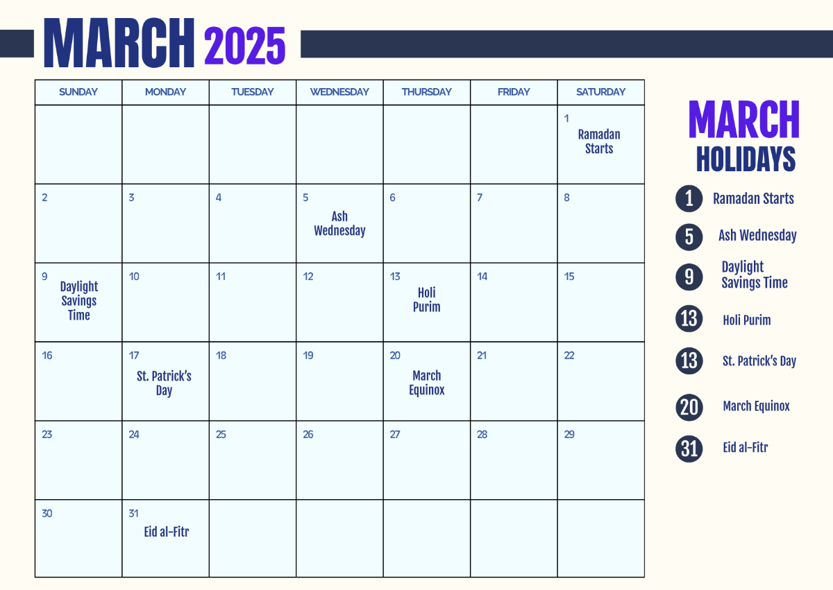 Free Printable March 2025 Calendar With Holidays Template To Edit in Printable Calendar March 2025 With Holidays