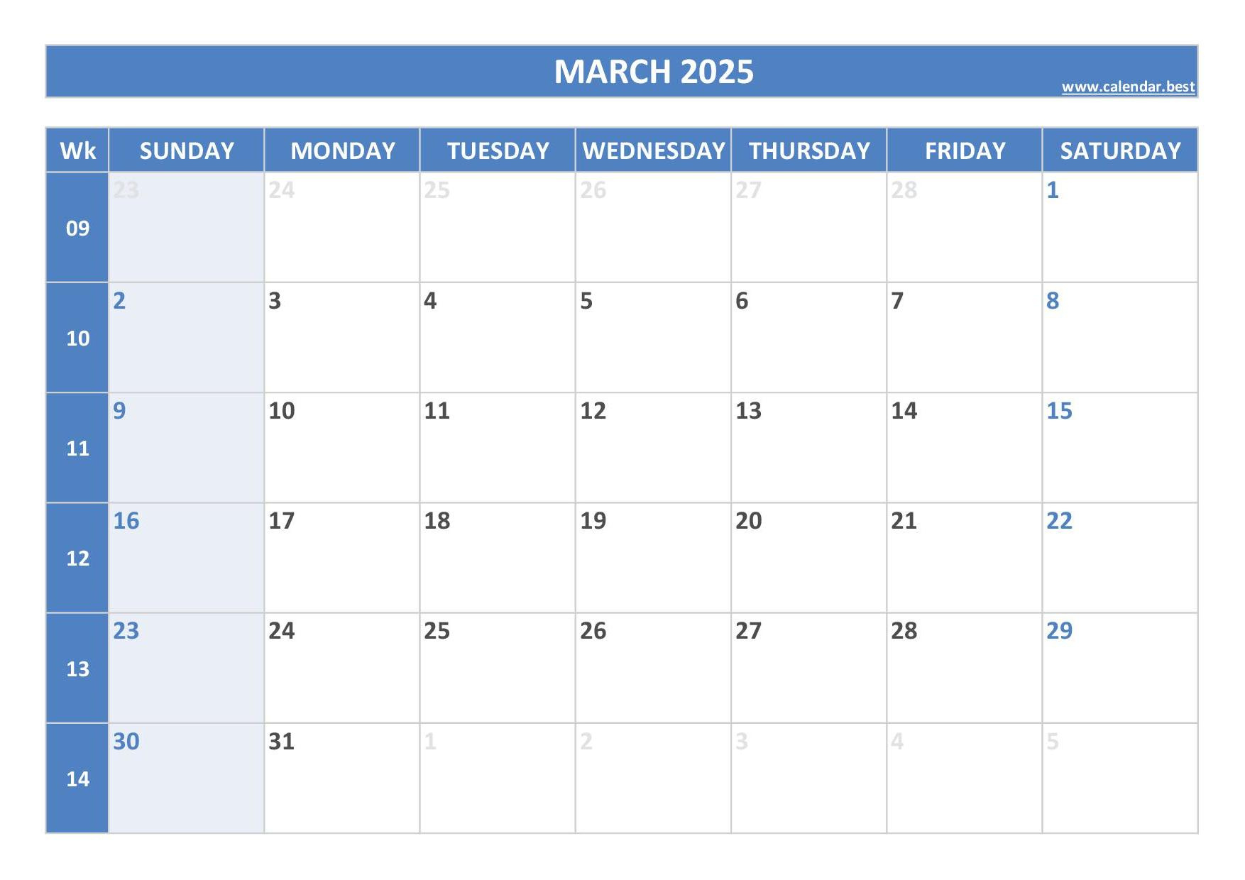 March 2025 Calendar -Calendar.best in March Calendar Numbers Printable 2025