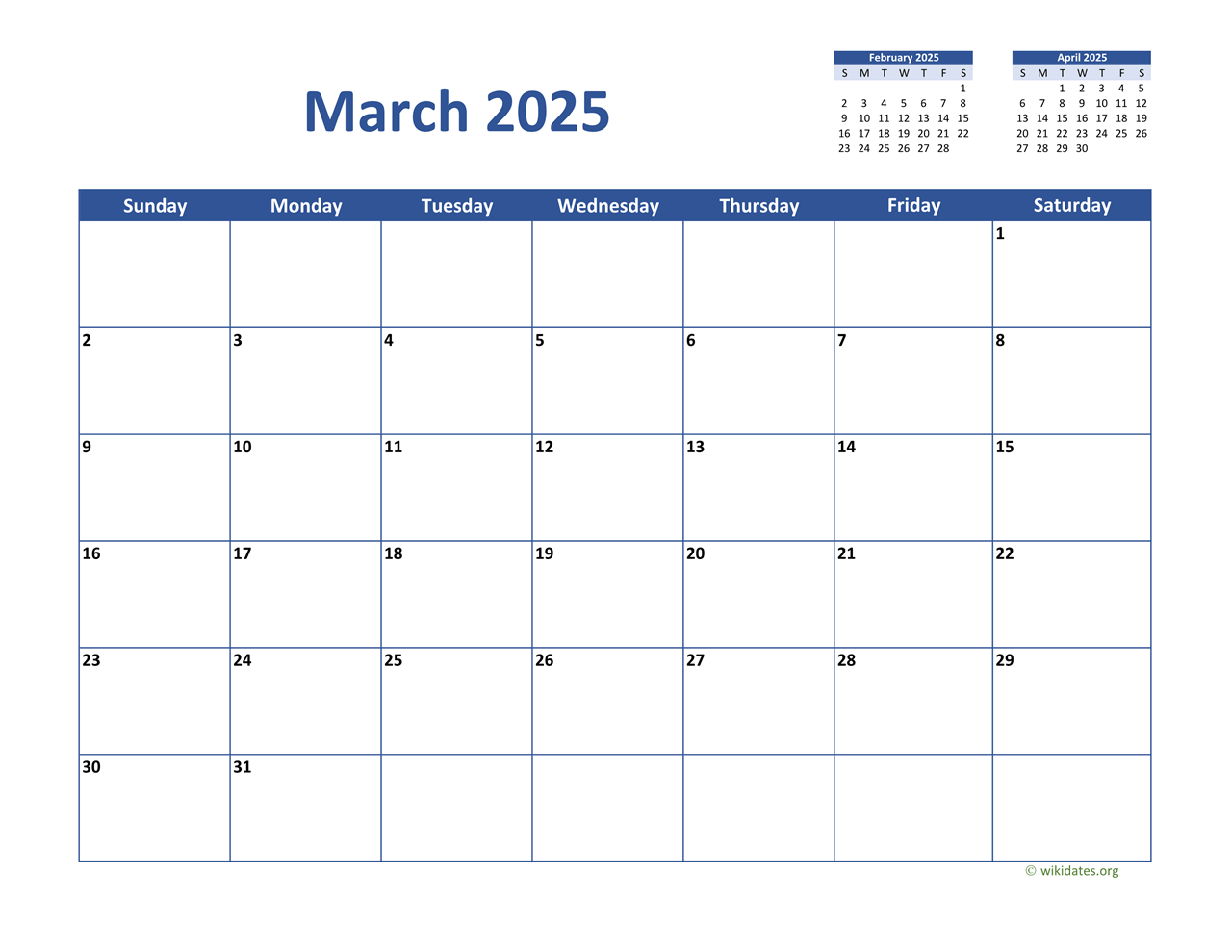 March 2025 Calendar Classic | Wikidates in March 2025 Printable Calendar Wiki