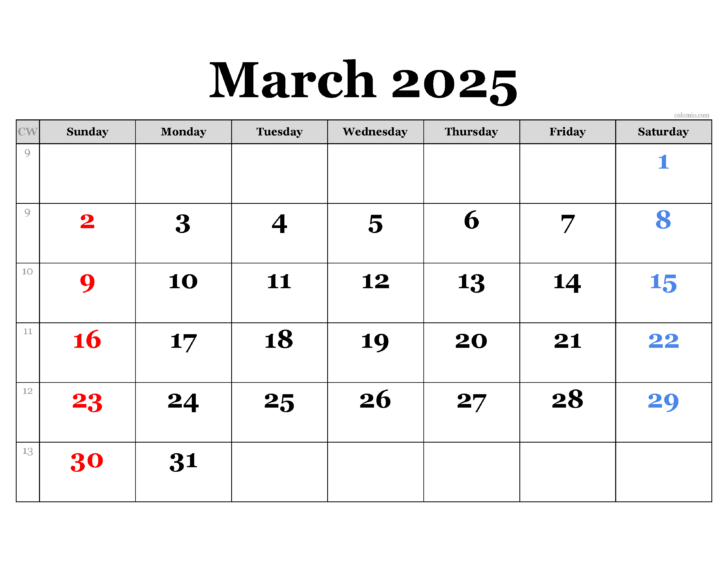 Free Printable March Calendar Numbers 2025