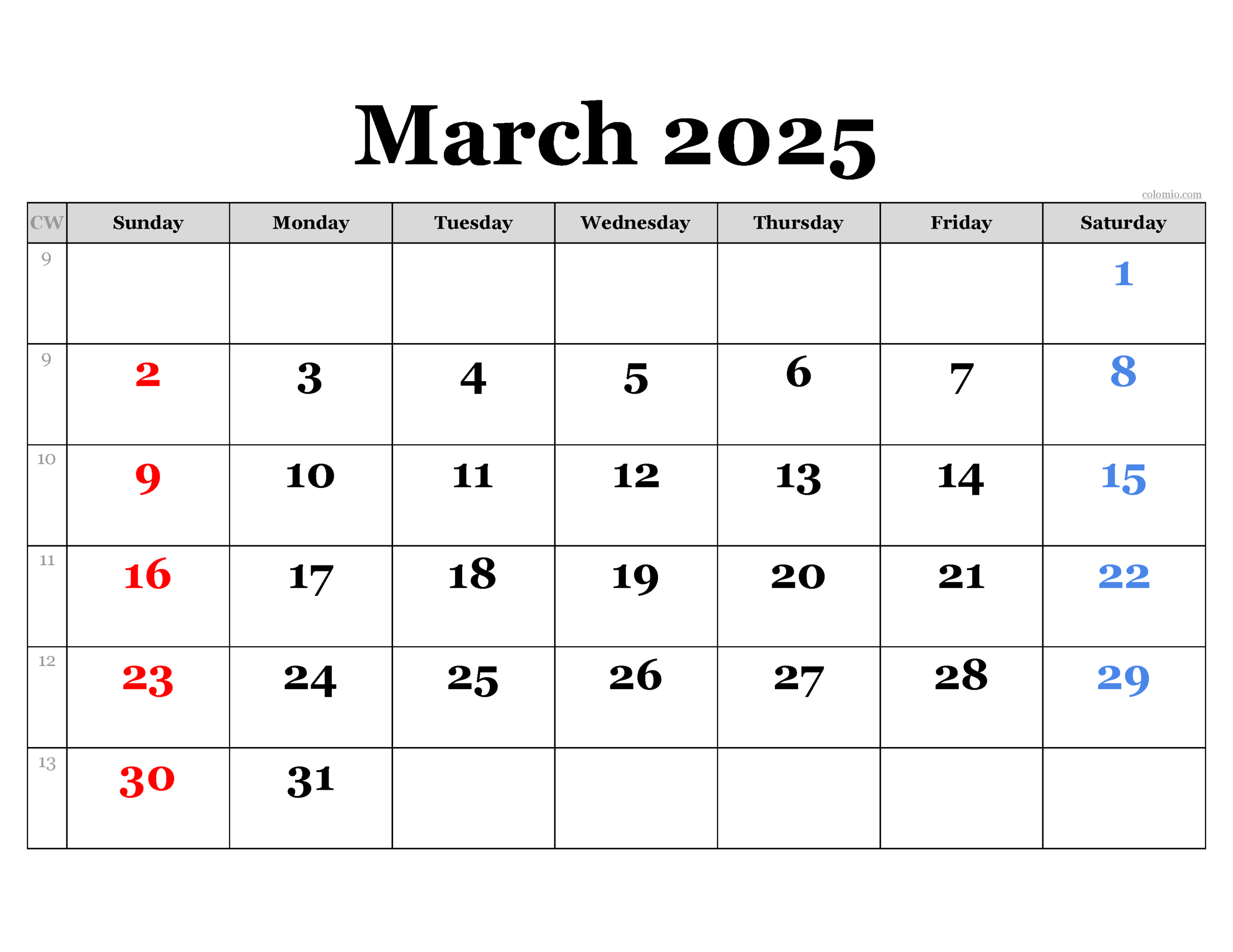 March 2025 Calendar | Free Printable Pdf, Xls And Png within Free Printable March Calendar Numbers 2025