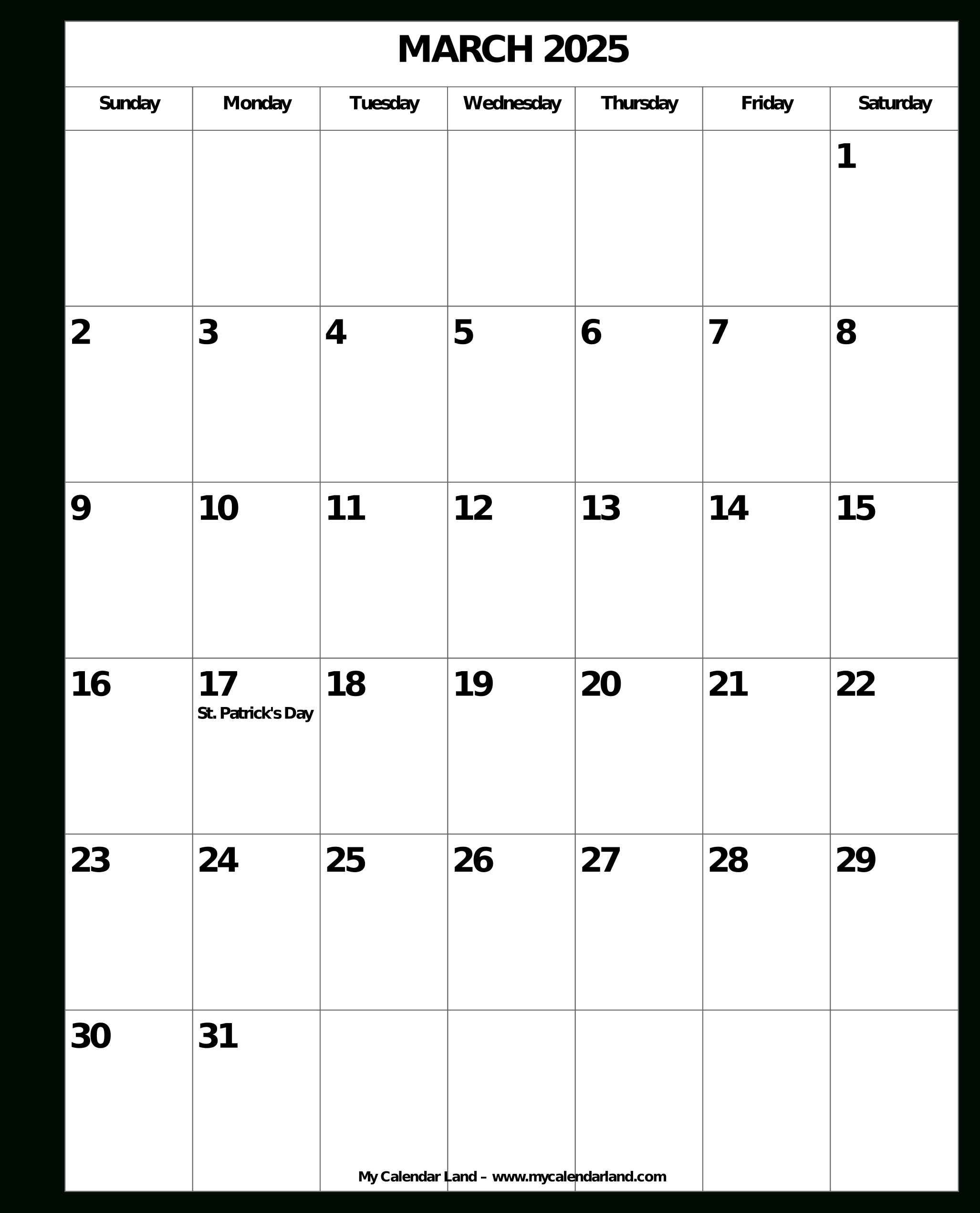 March 2025 Calendar – My Calendar Land throughout Blank Printable March Calendar 2025