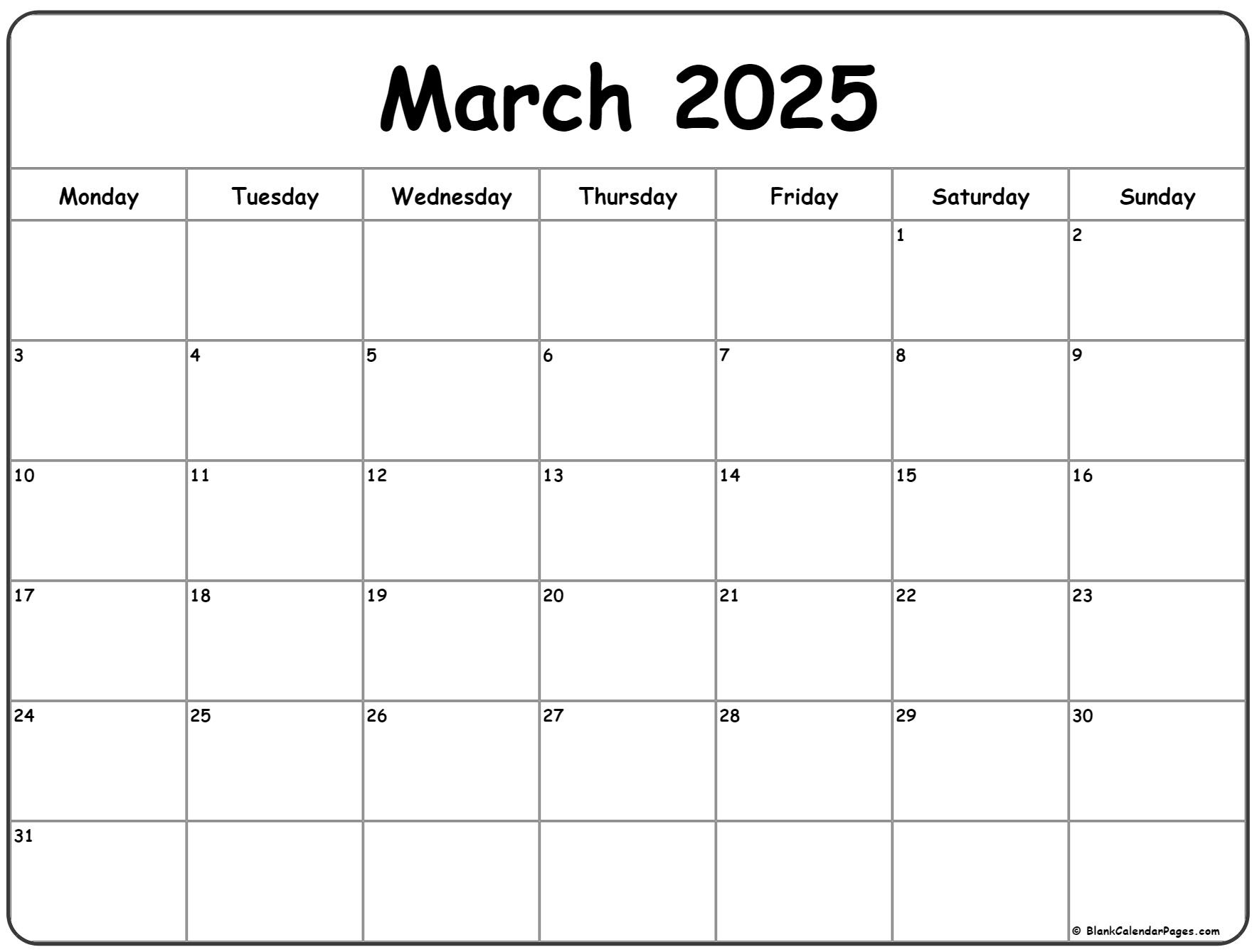 March 2025 Monday Calendar | Monday To Sunday in Printable Calendar March 2025 Monday Start