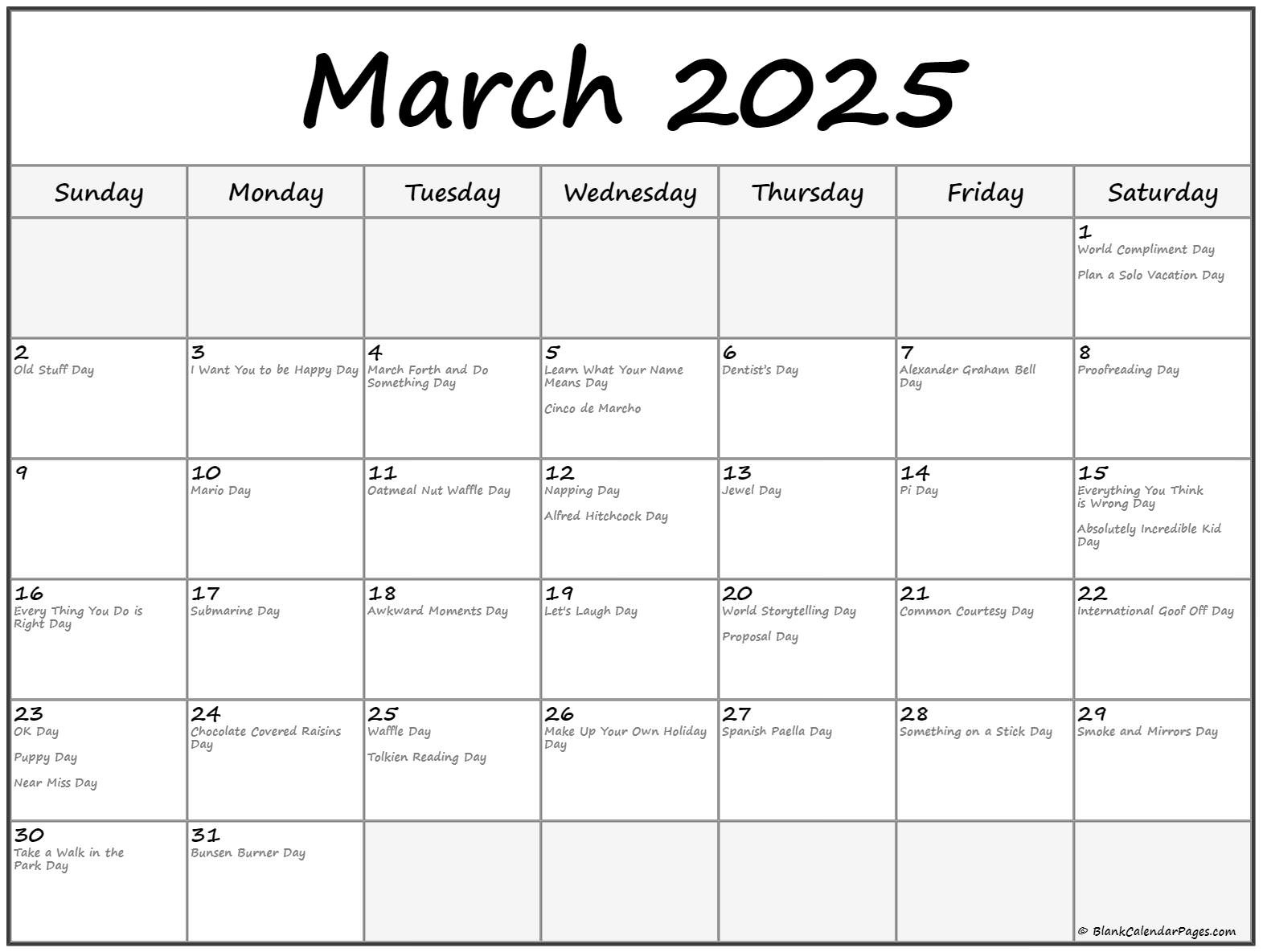 March 2025 With Holidays Calendar in National Day Calendar March 2025