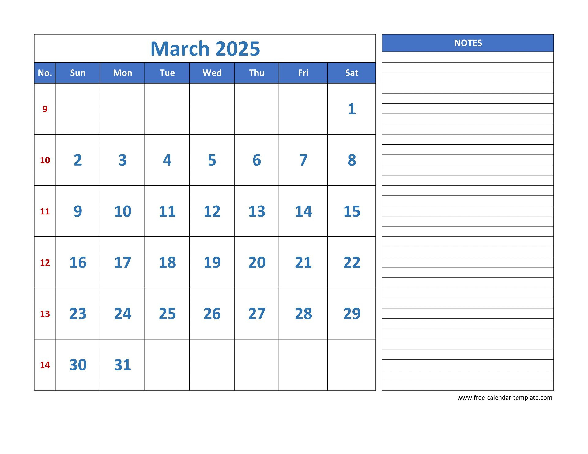 March Calendar 2025 Grid Lines For Holidays And Notes (Horizontal in March 2025 Calendar Printable With Lines