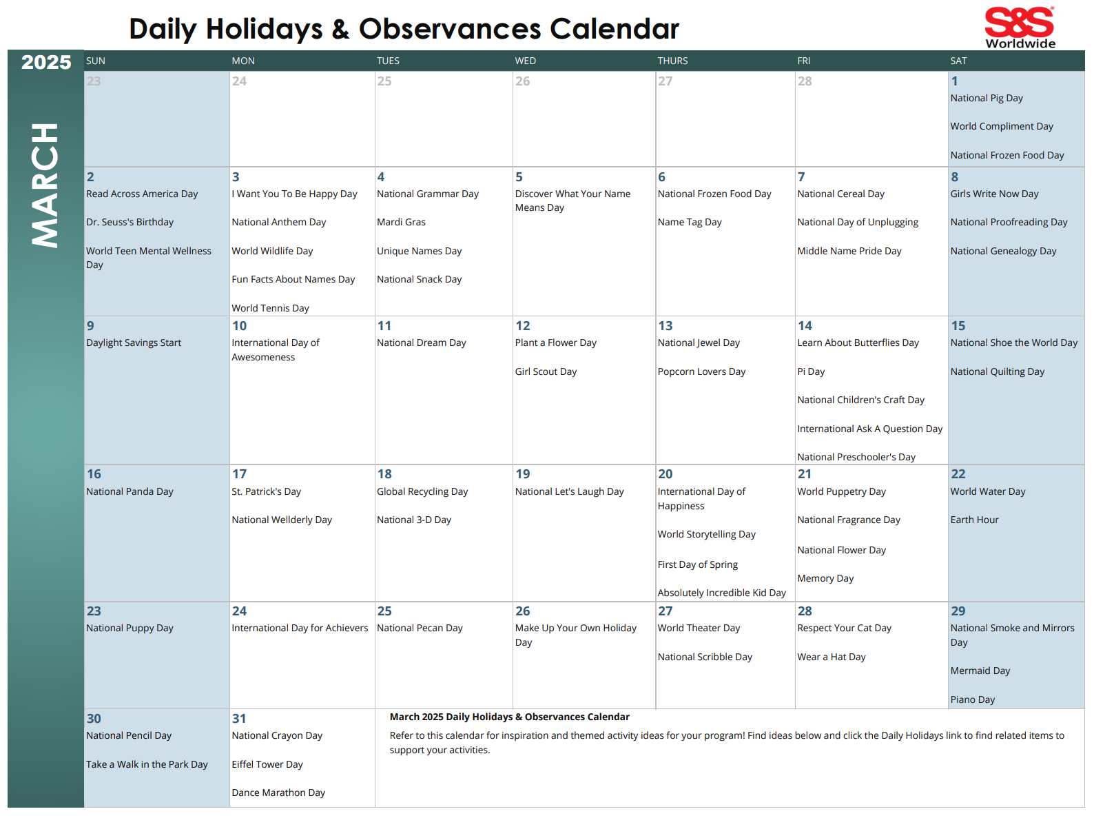 March Daily Holidays &amp;amp; Observances Printable Calendar - S&amp;amp;S Blog within National Day Calendar March 2025