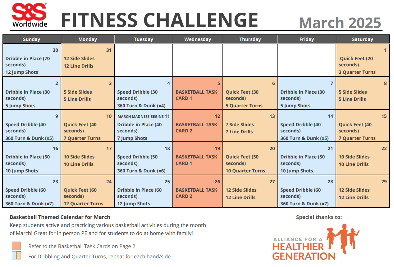 March Printable Fitness Challenge Calendar - S&amp;amp;S Blog regarding March Madness 2025 Calendar Printable