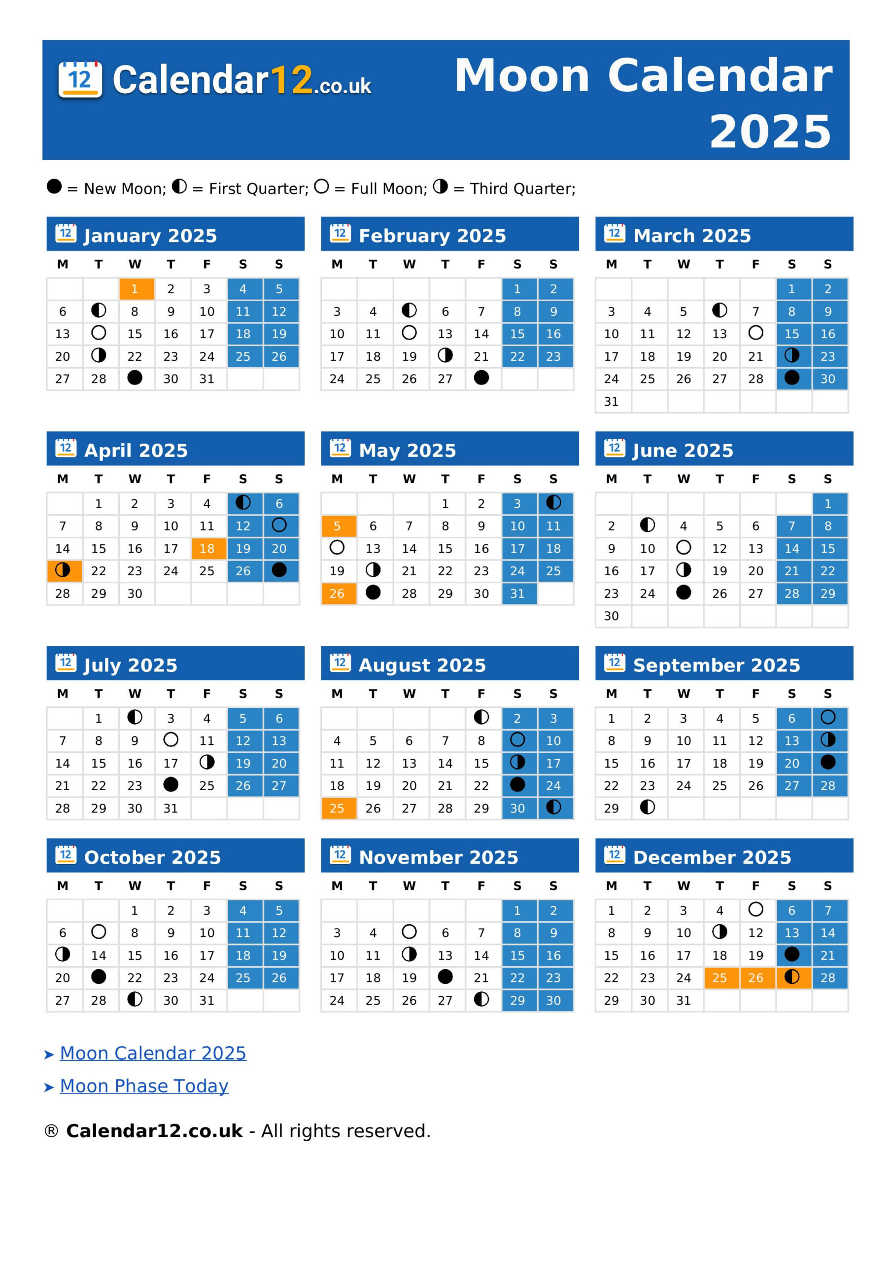 Moon Calendar March 2025 ⬅️ — Calendar12.Co.uk for Moon Calendar For March 2025