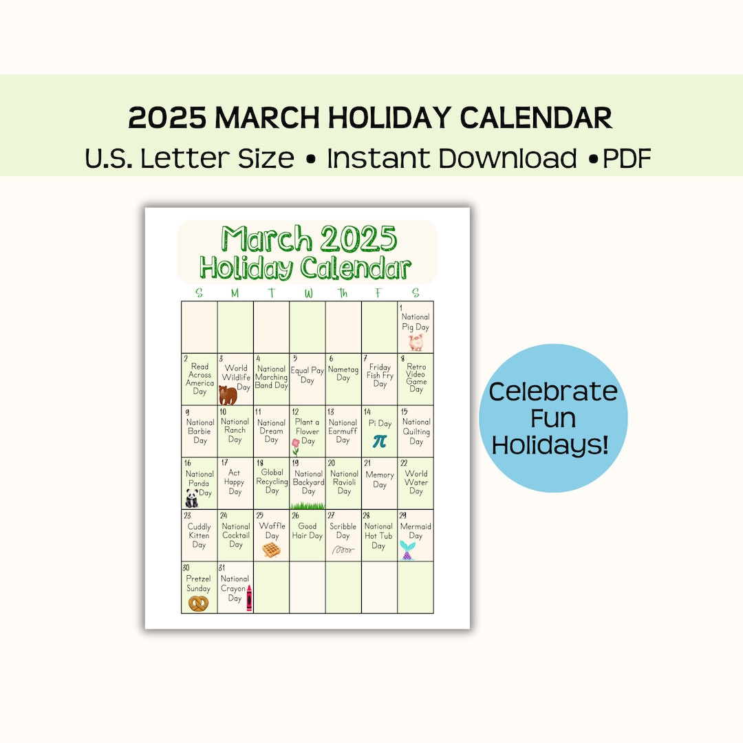 Printable March 2025 Holiday Calendar, Wacky Holidays, National for National Day Calendar March 2025