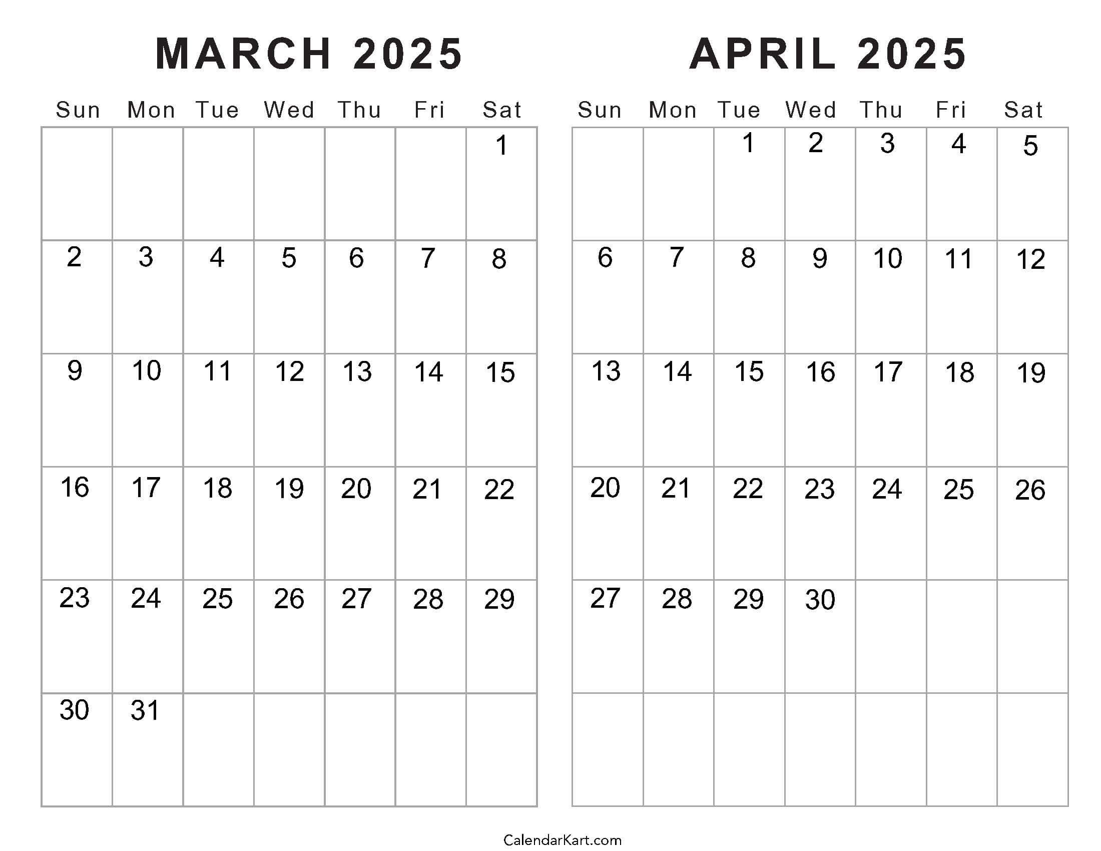 Printable March April 2025 Calendar | Calendarkart for Calendar For March And April 2025