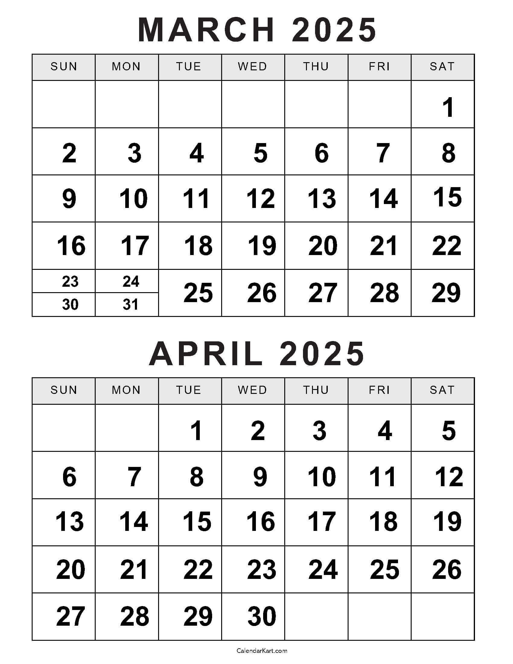 Printable March April 2025 Calendar | Calendarkart in March And April 2025 Calendar Printable